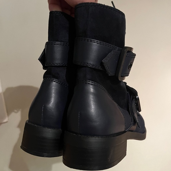 Armani Black Leather Moto Combat Boot Blue Ankle AX Oversized Buckle Zipper 7 38 - Picture 10 of 16